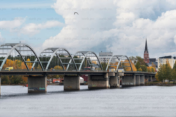 Bergnäsbron bridge over river in autumn, Luleå