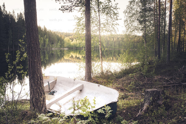 Rowboat on lake shore in summer evening