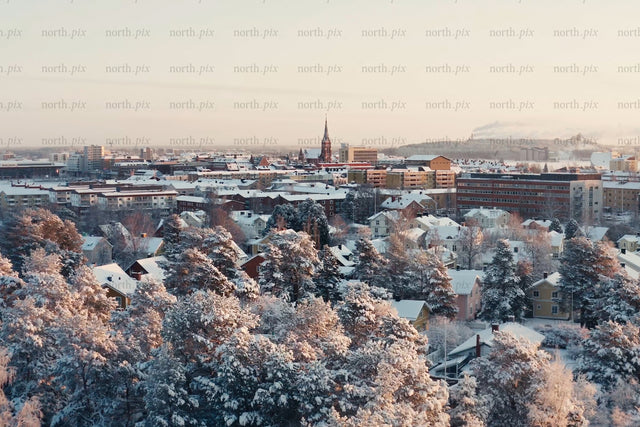 Snöig stadskärna med utsikt över Luleå med träd, hus och vinterbelysning