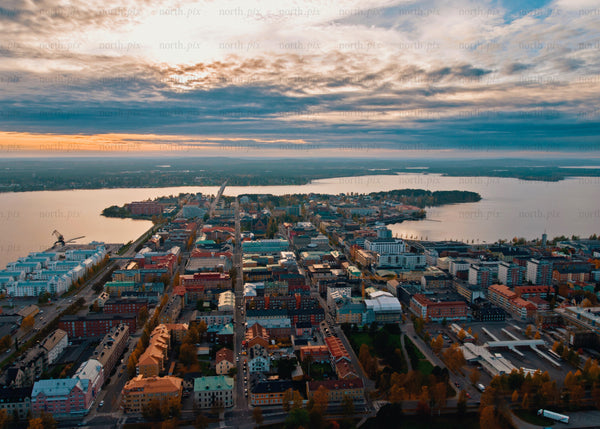Aerial view of Luleå city at twilight overlooking scenic waterfront