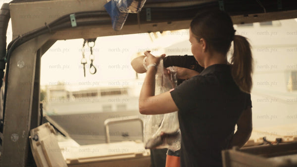 Fresh fish market in Luleå: Mother and son buy fresh seafood