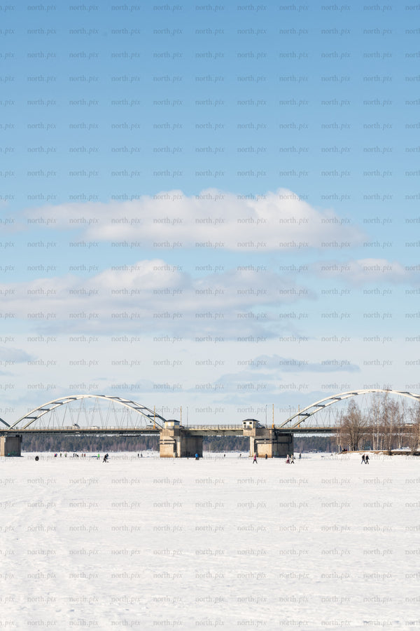 Bridge over a frozen river on a winter day