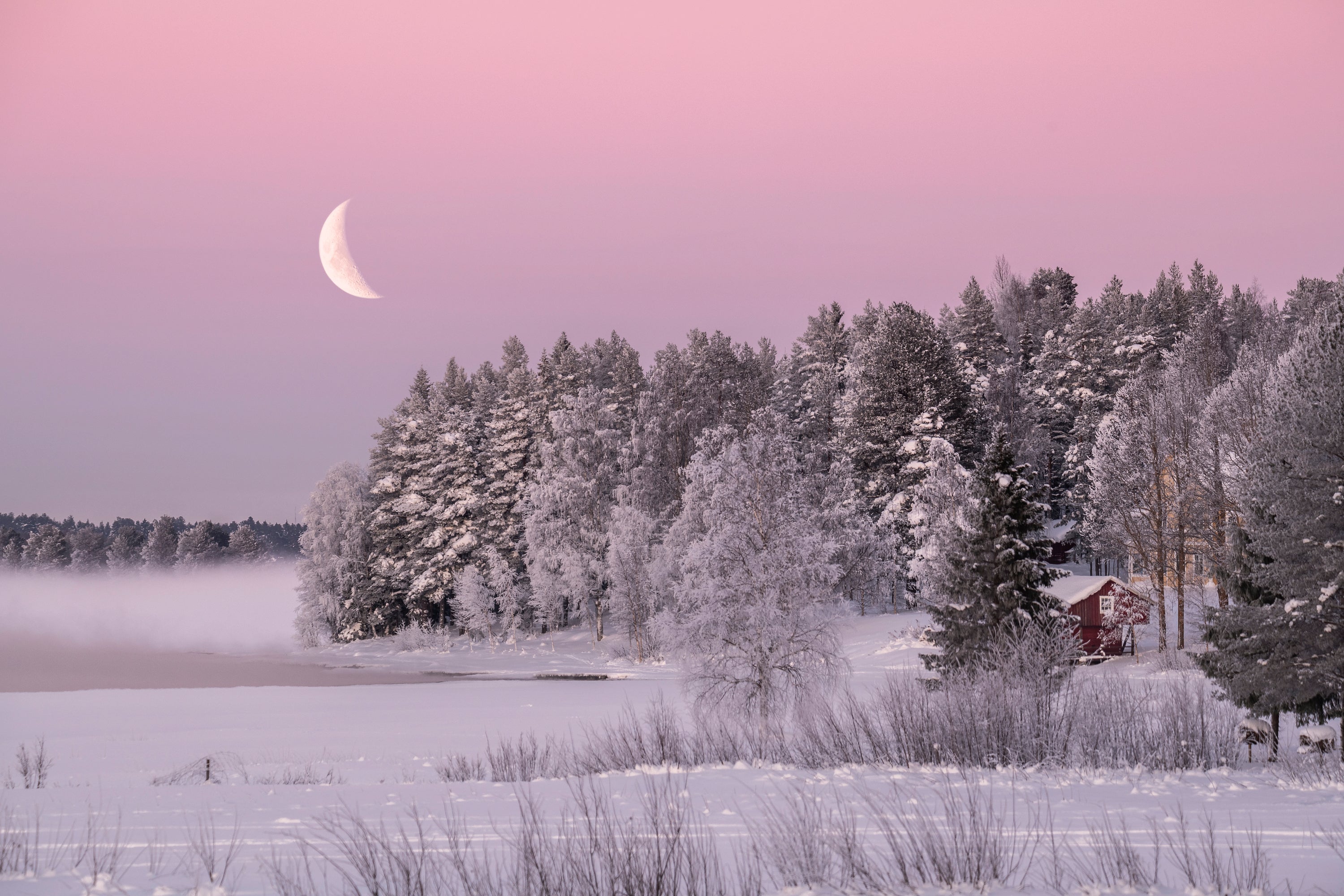 Crescent moon over snowy forest and red cabin at dusk
