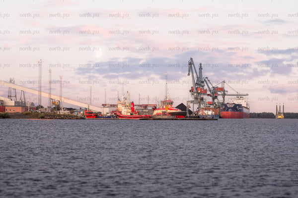 Cargo ship and cranes at industrial harbor at dusk