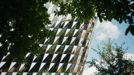 Modern Wood Architecture Building Through Leaves, Slow Pan Upwards