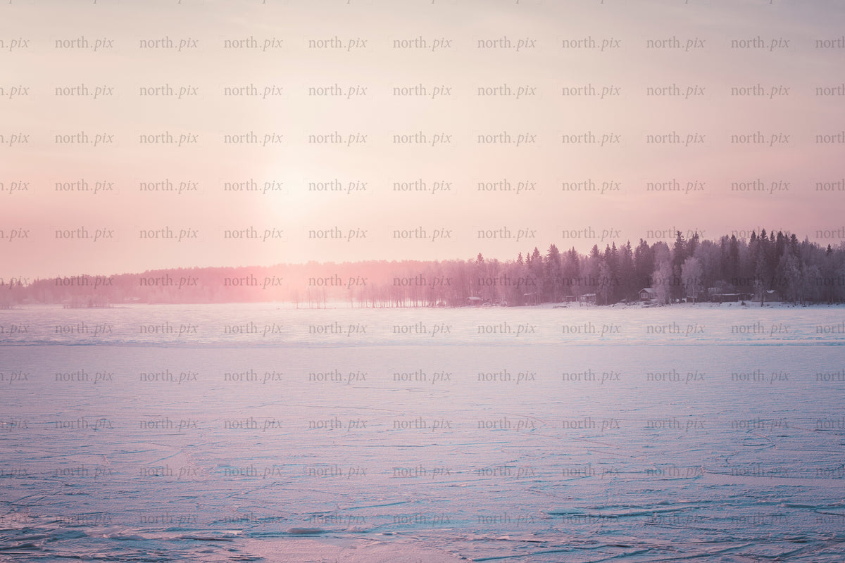 Frozen lake in storsand, Luleå with tree-lined shore at sunrise