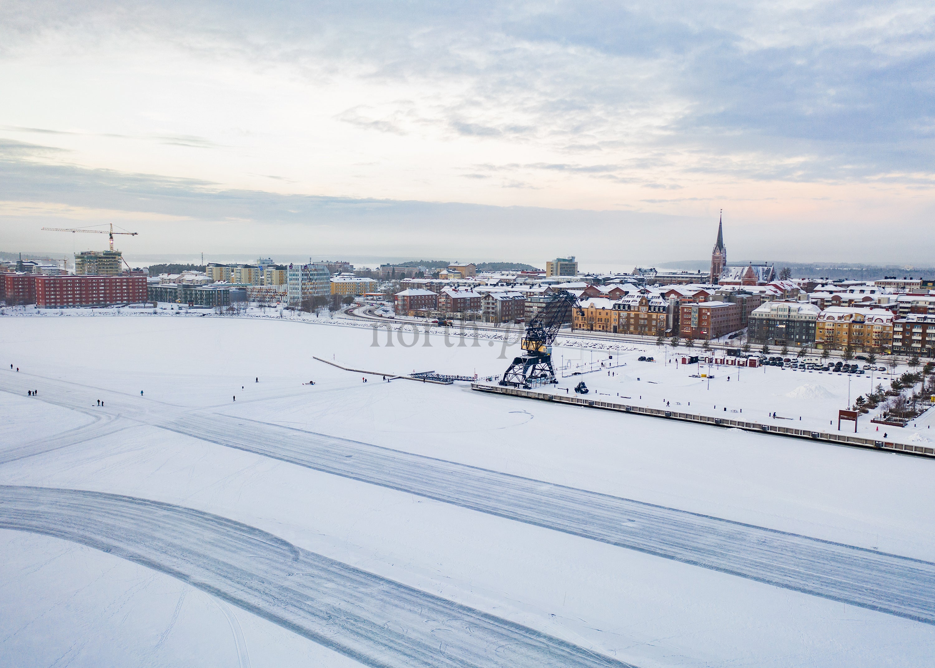 Aerial View of Luleå's Winter Cityscape in the Morning Light