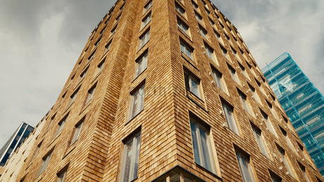 Modern Wooden Architecture: A Low Angle View with Upward Camera Movement