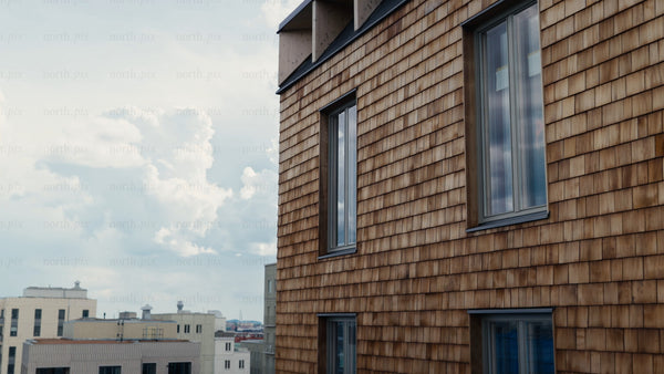 Modern wood architecture building exterior with panning camera movement