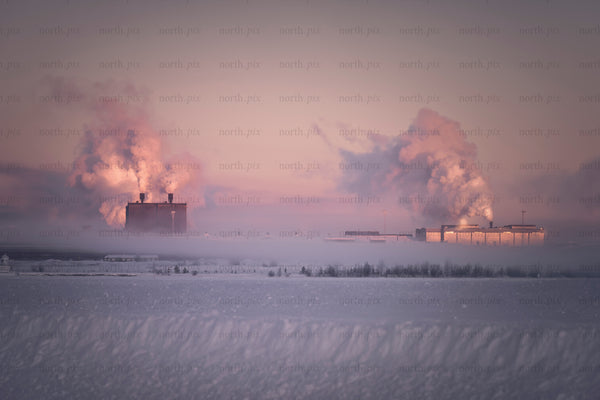 Industrial plant with steam plumes in winter morning