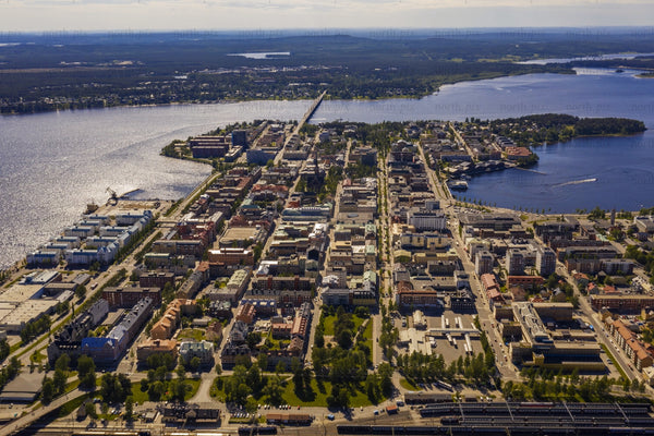 Aerial view of Luleå city center along the waterfront and grid-like streets