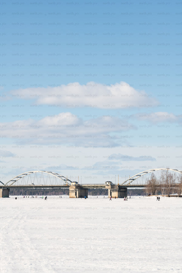 Bridge over a frozen river on a winter day