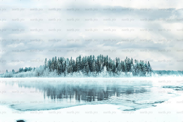 Gäddviksströmmen - winter forest island reflected on a frozen lake