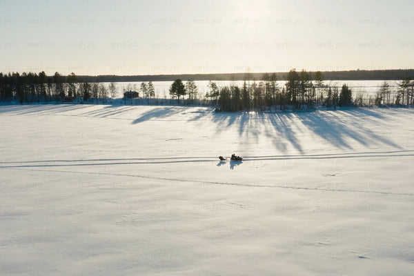 Snowy frozen lake scene with long tree shadows and snowmobile riders in winter light
