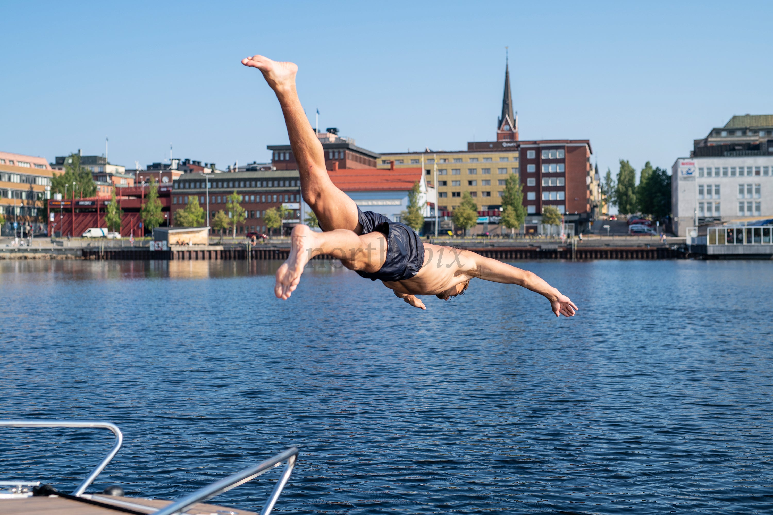 Man diving into harbor on a summer day