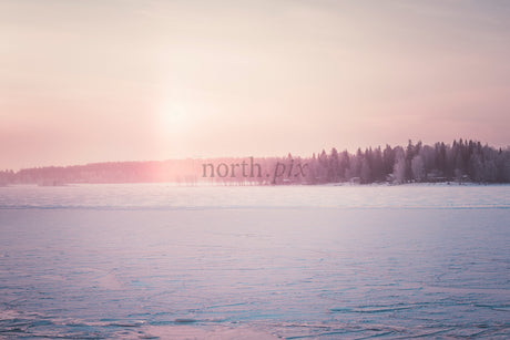 Pastel Winter Sunrise Over Frozen Lake With Snowy Shoreline and Distant Pine Forest Cabins