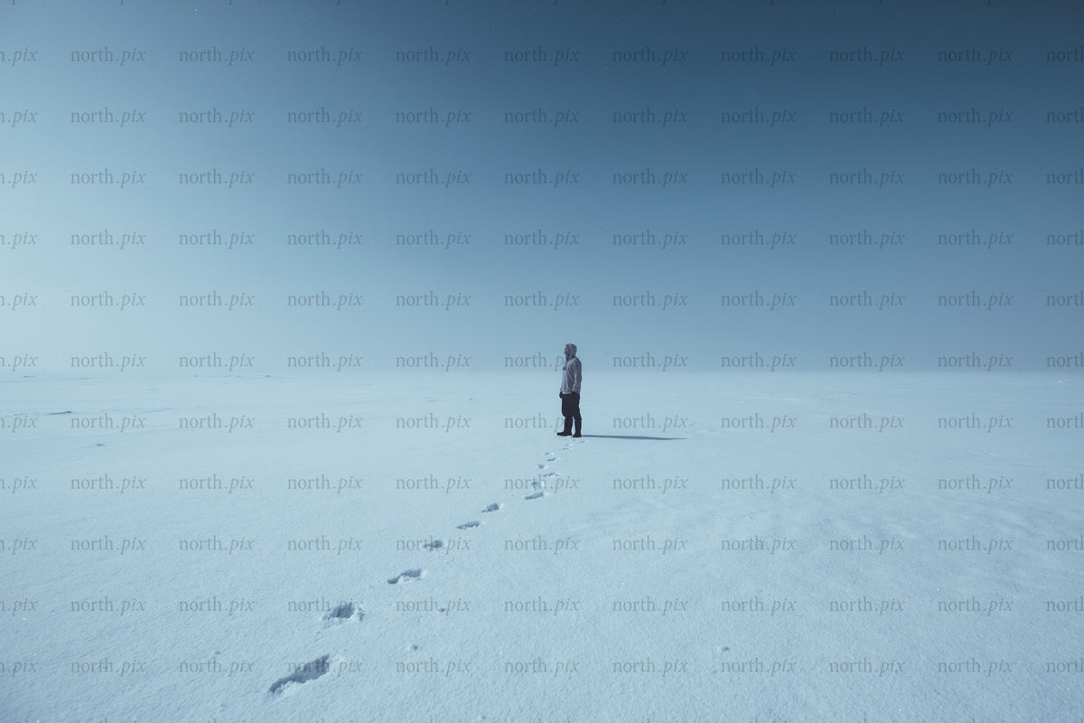 Person standing on a snowy plain under clear sky