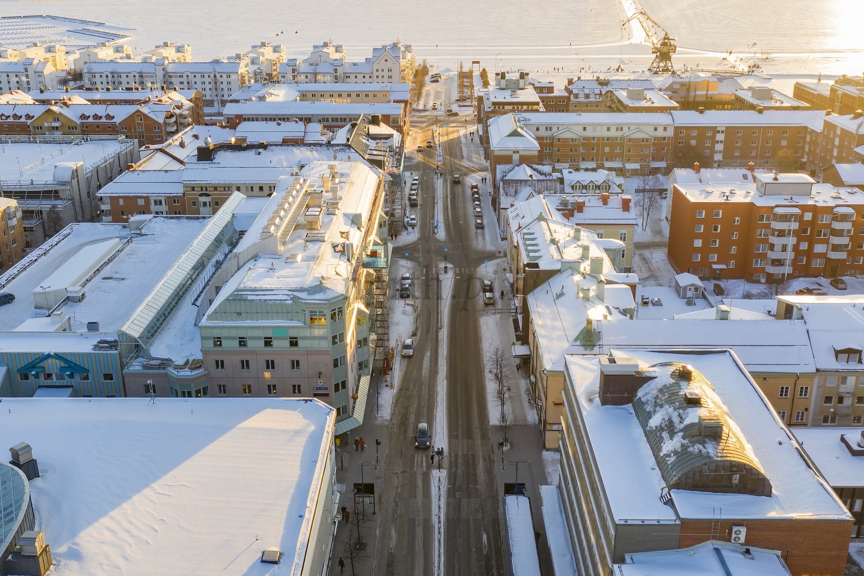 Snowy Luleå City Center Aerial View Of Winter Streets And Harbor At Sunrise
