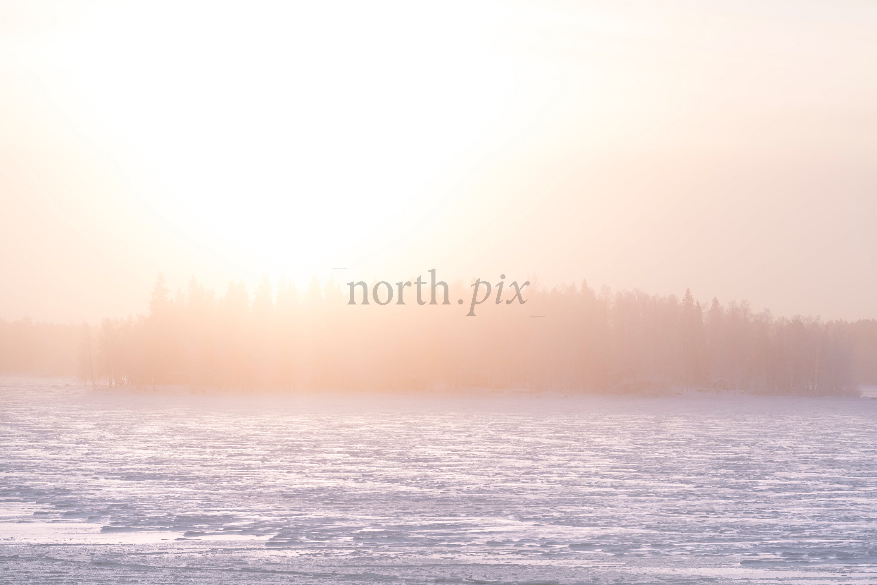 Sunrise over frozen lake and tree-covered island