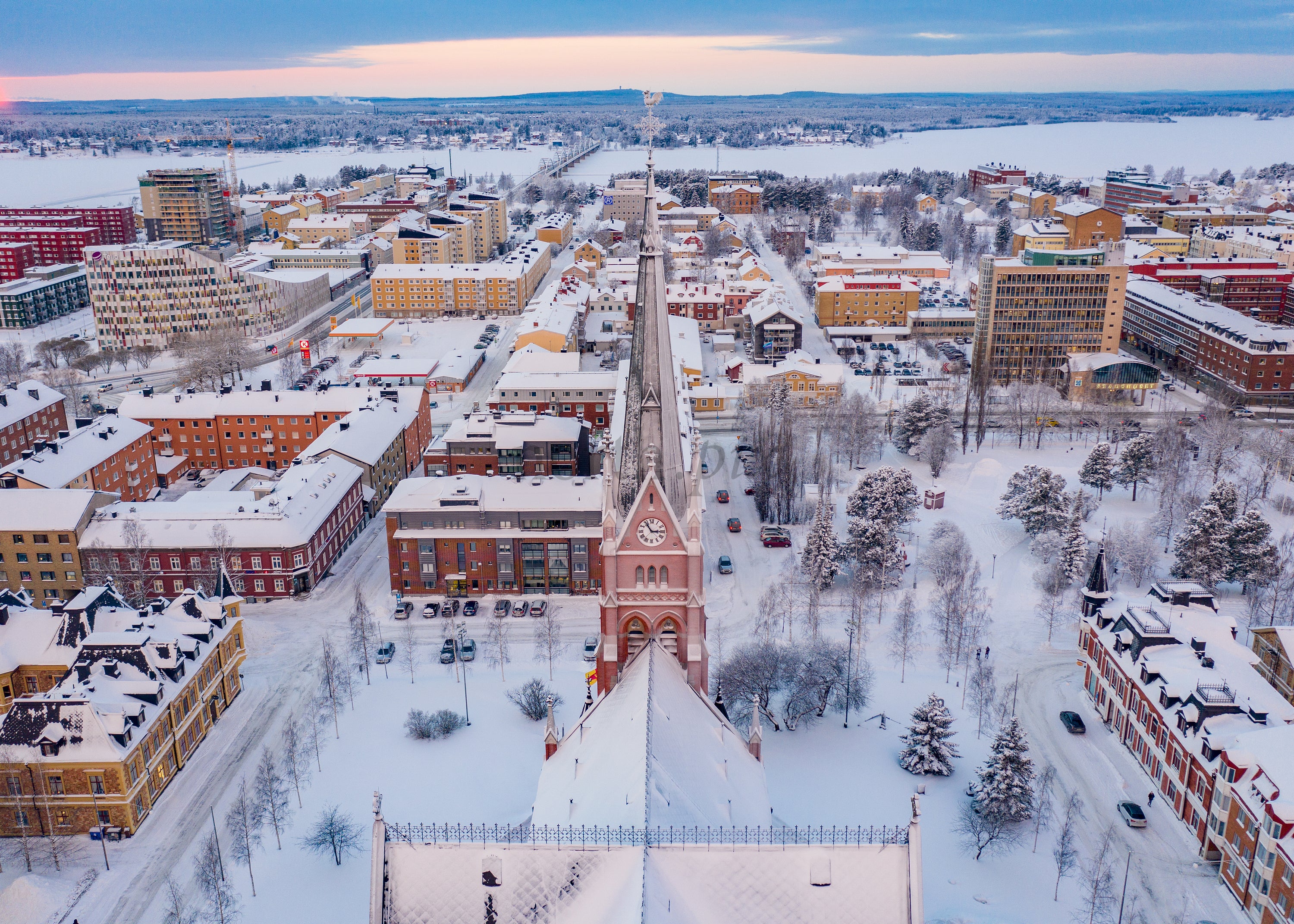 Drone View of Luleå City in Winter During Blue Hour