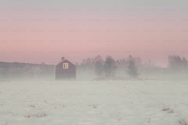 Small red house in snowy field at sunrise