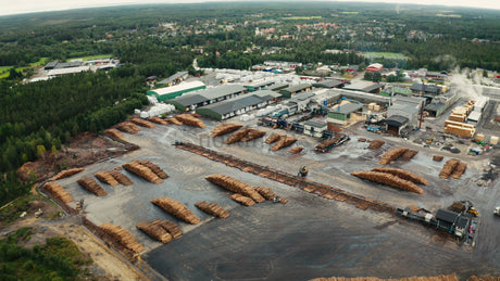 Aerial View of Sawmill and Lumber Yard with Stacks of Logs in Rural Forest Area