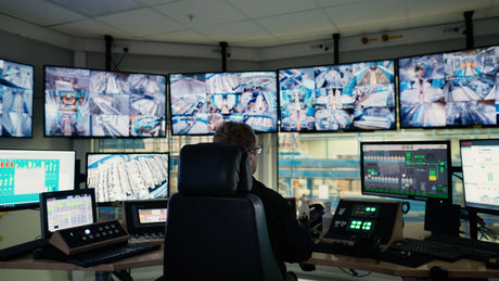 Factory Worker Monitors Operations in High-Tech Control Room