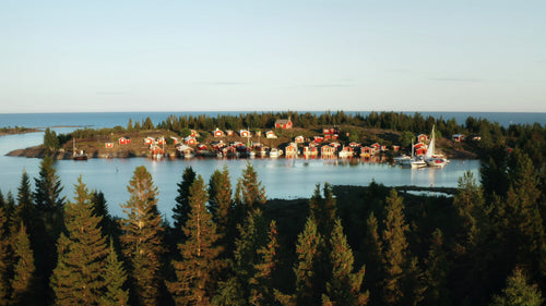 Sommardag i den svenska skärgården: Röda stugor på en skogsklädd ö