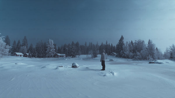 Person standing on frozen lake at blue hour