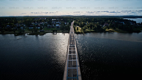 Summer evening in Luleå: Aerial view of bridge and water