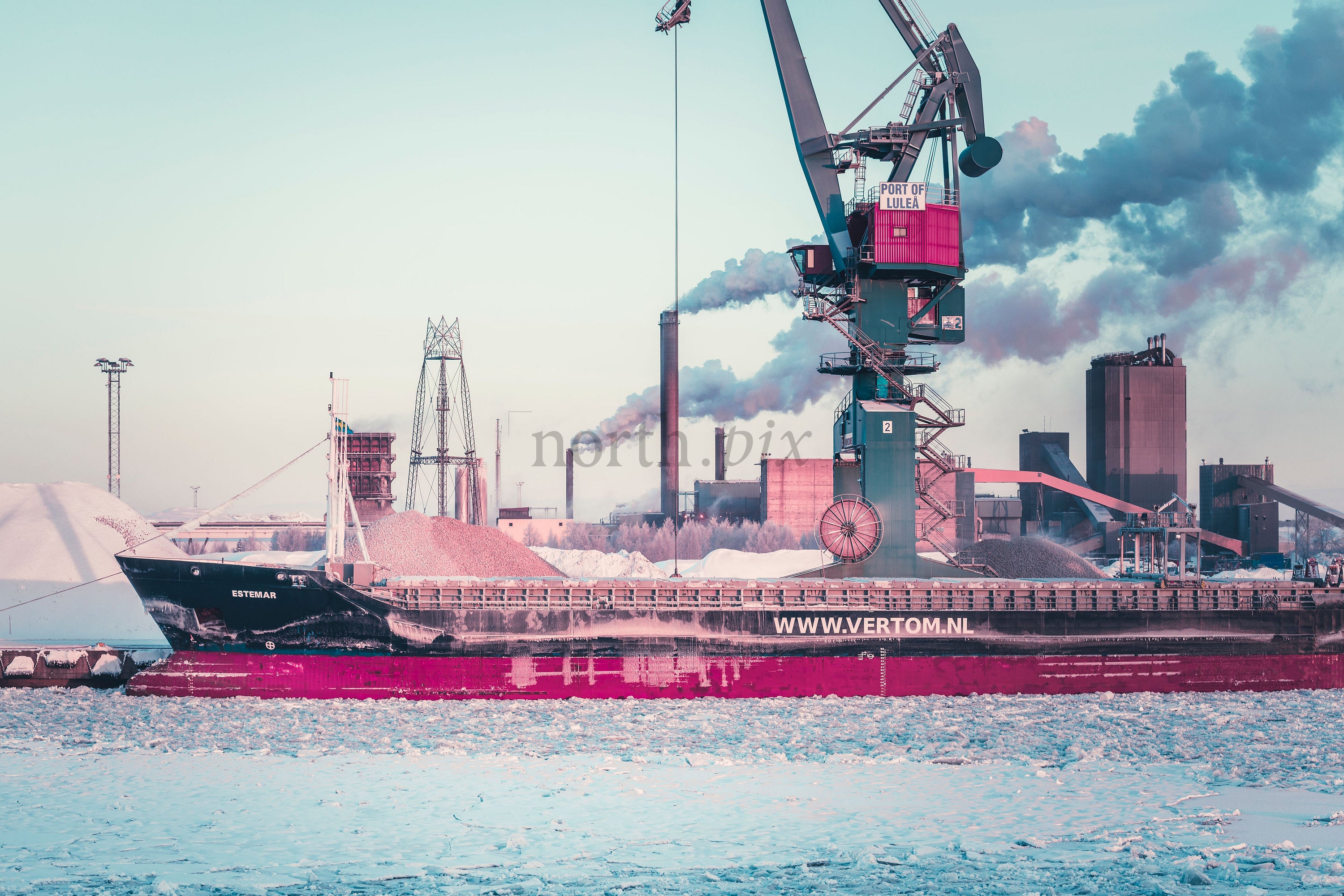 Cargo ship at Port of Luleå in winter