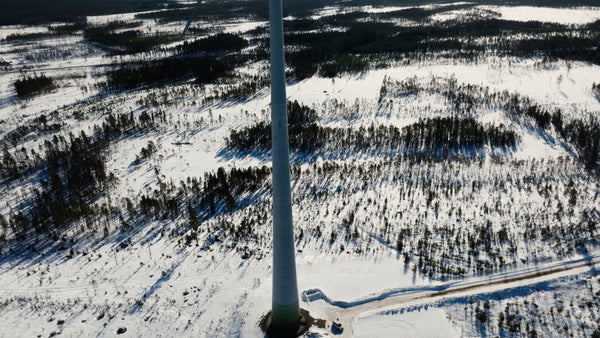 Aerial view of wind turbine at Markbygden wind farm in winter