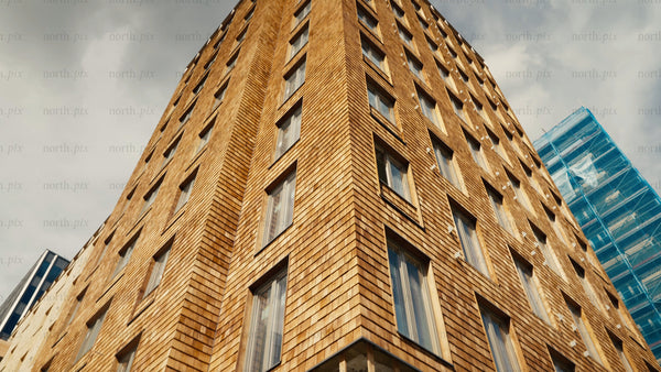 Modern wooden architecture: A low angle view with upward camera movement