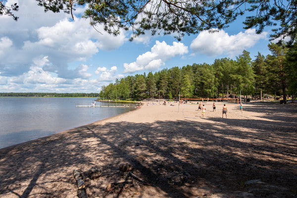 People playing volleyball on a sandy lake beach in summer