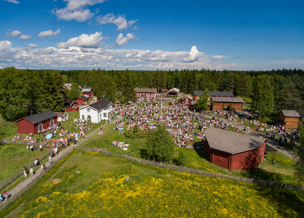 Aerial view of a summer event in rural Luleå setting