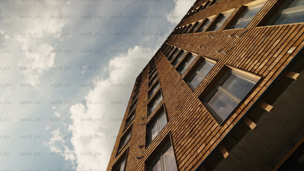 Rotating view of modern wooden architecture on a high rise building