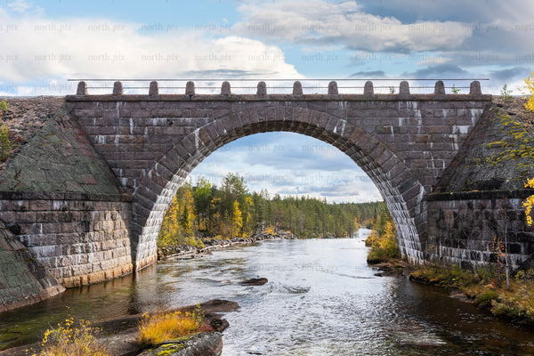 Stone arch bridge over river in autumn forest