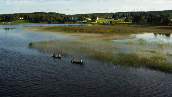 Summer rowing on a calm lake in Luleå: A drone's-eye view