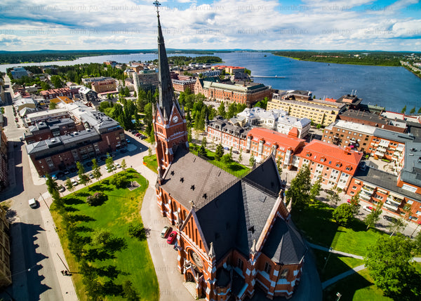 Aerial view of Luleå cathedral and cityscape on a bright summer day