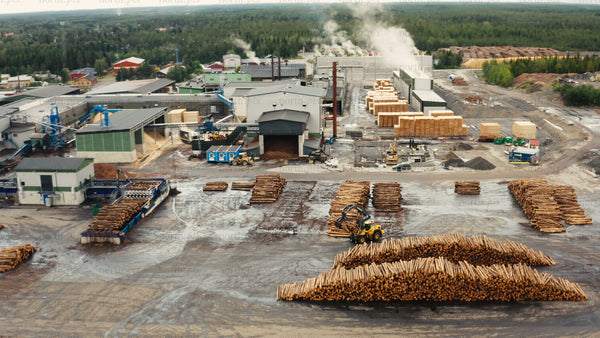 Aerial view of wood processing factory: Logs, lumber, and industrial operations in summer