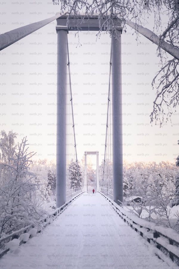 Pedestrian suspension bridge covered in snow at dawn
