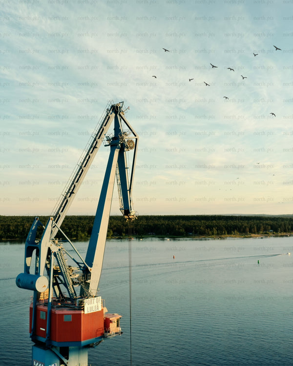 Industrial crane at port of Luleå during evening golden hour
