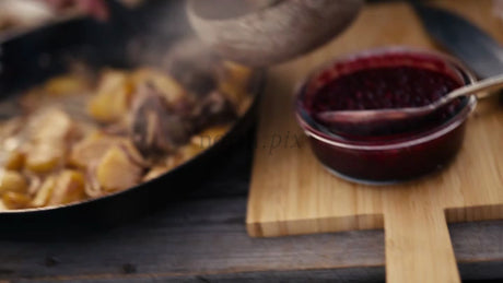 Serving Hot Reindeer Meat and Potatoes Outdoors in Winter, Luleå, Sweden