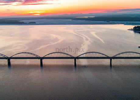 Sunset Over Bergnäsbron in Luleå Sweden with Aerial View of the Bay