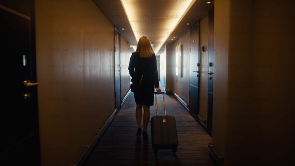 Businesswoman walking down hotel hallway with suitcase towards bright window