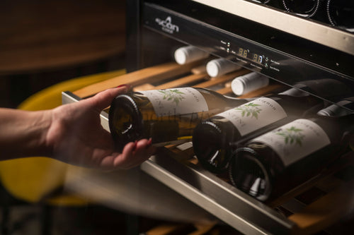 Hand removing wine bottle from wine cooler drawer