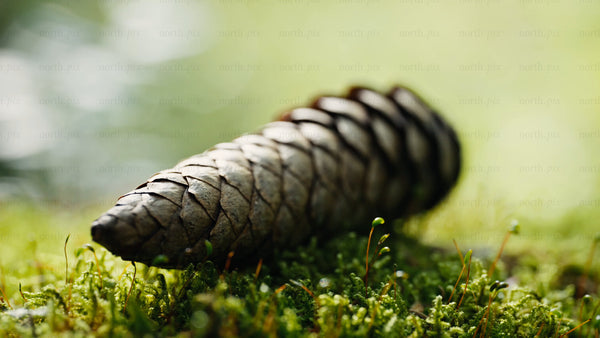 Macro pine cone on moss bed in summer forest with slow push in
