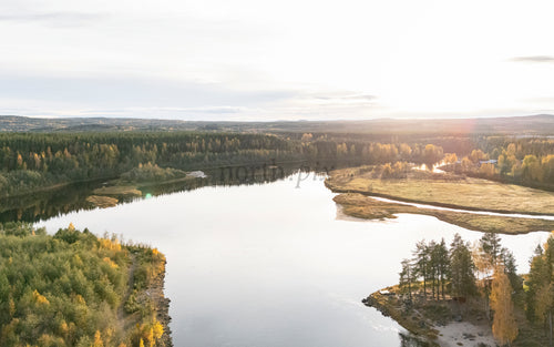 Aerial view of river bend and forest at sunset