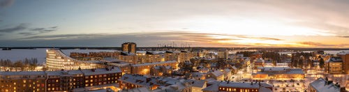 Panoramic city skyline at sunset in winter