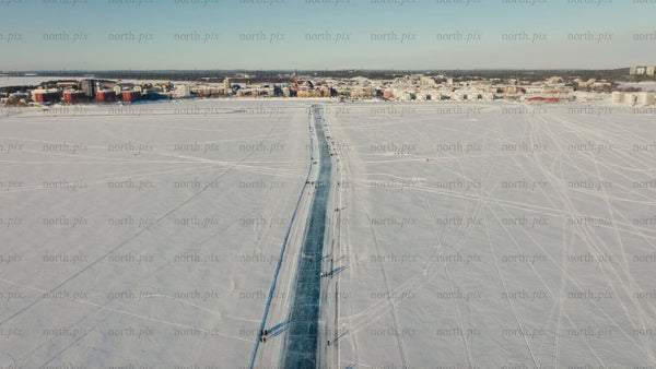 Winter in Luleå: Aerial view of ice skating on a frozen track